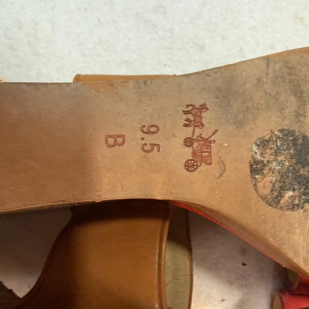 Coach Wedge Sandals Womens 9.5 Red Leather Colorblock Ankle Strap Gold Hardware